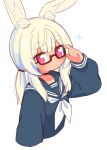  1girl adjusting_eyewear animal_ear_fluff animal_ears blonde_hair blue_sailor_collar blue_shirt blush closed_mouth commentary_request cropped_torso glasses hand_up heart heart-shaped_pupils highres long_hair long_sleeves looking_at_viewer low_twintails masurao_(sekaiju) masurao_2_(sekaiju) naga_u neckerchief pink_eyes puffy_long_sleeves puffy_sleeves rabbit_ears red-framed_eyewear sailor_collar sekaiju_no_meikyuu sekaiju_no_meikyuu_5 semi-rimless_eyewear shirt short_eyebrows sidelocks simple_background sleeves_past_wrists solo sparkle symbol-shaped_pupils thick_eyebrows twintails under-rim_eyewear upper_body white_background white_neckerchief 