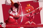 16:9 absurd_res anthro baroness_von_bon_bon bobolate brown_hair caine_(the_amazing_digital_circus) candy clothed clothing crossover cuphead_(character) cuphead_(game) dessert digital_drawing_(artwork) digital_media_(artwork) duo english_text eyes female female/female fight fighting_pose food gloves hair handwear happy hi_res humanoid meme not_furry pose shaded simple_background text the_amazing_digital_circus widescreen yellow