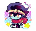  1boy black_hair blue_skin bright_pupils chibi chibi_only colored_skin full_body jojo_no_kimyou_na_bouken kotorai looking_to_the_side male_focus no_mouth no_nose orange_eyes red_scarf scarf sitting solo stand_(jojo) star_(symbol) star_platinum translation_request twitter_username white_pupils 