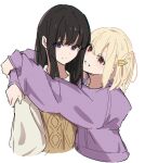  2girls arms_around_neck atenaba black_hair blonde_hair brown_sweater_vest chromatic_aberration closed_mouth commentary_request cropped_torso hair_ornament hairclip highres hug inoue_takina long_hair long_sleeves looking_at_viewer lycoris_recoil medium_hair multiple_girls nishikigi_chisato one_side_up parted_lips purple_eyes purple_sweater red_eyes simple_background smile sweater sweater_vest upper_body white_background white_sweater 