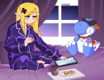  1girl absurdres barefoot bed blue_eyes boshi_(super_mario_rpg) breasts buttons canopy_bed character_doll collar cookie cup eating food hair_down hair_ornament hairclip half-closed_eyes highres holding holding_cookie holding_food indian_style light_blush long_hair long_sleeves mario_(series) mario_power_tennis mario_tennis mug nico-neko on_bed pajamas pointy_ears purple_curtains purple_pajamas sitting small_breasts solo spiked_collar spikes stitches stuffed_animal stuffed_toy sunglasses super_mario_rpg swept_bangs tablet_pc text_messaging warupeach window x_hair_ornament 