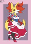 absurd_res anthro clothing delphox dominican_flag domiphox dress female flower footwear fur generation_6_pokemon hi_res high_heels jewelry markings marsamui mole_(marking) necklace nintendo plant pokemon pokemon_(species) red_body red_eyes red_fur rose_(flower) solo yellow_body yellow_fur