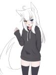  1girl ahoge animal_ear_fluff animal_ears black_hoodie black_thighhighs blue_eyes blush brown_eyes commentary_request drawstring fang fox_ears fox_girl fox_tail hand_up heterochromia highres hood hood_down hoodie kuronagi_(mitora_uwu) long_hair long_sleeves looking_at_viewer open_mouth original simple_background sleeves_past_wrists solo standing tail thighhighs very_long_hair white_background white_hair 