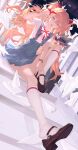  1girl absurdres arm_up atomicxx blue_eyes blue_skirt commentary_request facing_viewer foreshortening full_body highres knee_up kneehighs long_hair looking_at_viewer neon_genesis_evangelion open_mouth orange_hair origami paper_crane red_ribbon ribbon sitting skirt socks solo souryuu_asuka_langley stairs suspender_skirt suspenders thighs two_side_up watch white_socks wristwatch 