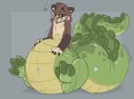 alligator alligatorid animate_inanimate blush brown_body crocodilian green_eyes inflatable living_inflatable mammal mustelid otter pool_toy reptile scalie simple_background solo symrea transformation