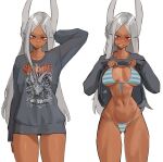  1girl :o abs absurdres animal_ears arm_behind_head ass_visible_through_thighs bikini blush boku_no_hero_academia breasts clothes_lift dark-skinned_female dark_skin front-tie_bikini_top front-tie_top grey_sweater grin highres large_breasts lifted_by_self long_eyelashes long_hair looking_at_viewer mirko multiple_views navel parted_bangs parted_lips print_sweater rabbit_ears rabbit_girl raised_eyebrow red_eyes slipknot smile stomach striped_bikini striped_clothes sweater sweater_lift swimsuit tefi_blum thighs toned underboob very_long_hair white_background white_hair 