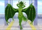  4_toes anthro detailed_background dragon female green_body green_eyes green_nipples green_wings lenora_(specter01) membranous_wings nipples nude pussy redcreator smile solo standing toes wings 