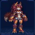 anthro bedabots bell bell_collar breasts canid canine claws collar concept_art featureless_crotch female fox fur hair hi_res himokone humanoid joints machine mammal red_eyes robot robot_humanoid simple_background smile smirk smirkitsune solo text