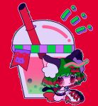  1girl bubble_tea chibi cup drinking_straw green_hair halftone highres mitsuen_mirura myu_(valis) outline red_background red_eyes shoes short_hair solo valis_(sinsekai) white_outline 