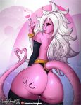  &lt;3 &lt;3_tail 2018 abstract_background absurd_res alien android_21 arm_warmers armwear bare_shoulders big_butt black_nails black_sclera bracelet butt cherry clothed clothing colored_nails cupcake dragon_ball dragon_ball_fighterz drooling female food fruit gold_(metal) gold_jewelry hair hi_res humanoid jewelry legwear long_hair looking_back majin majin_android_21 not_furry pink_skin pink_tail red_eyes saliva skimpy skindentation smile solo sonjashentai thigh_highs tongue tongue_out whipped_cream white_hair 