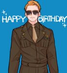  1boy animification belt blonde_hair blue_background brown_belt brown_jacket brown_necktie brown_pants brown_shirt captain_america:_the_first_avenger captain_america_(series) closed_mouth collared_jacket collared_shirt dishing english_text grey-framed_eyewear happy_birthday jacket long_sleeves male_focus marvel marvel_cinematic_universe military_uniform necktie pants pocket shirt short_hair simple_background solo sparkle standing steve_rogers sunglasses uniform 