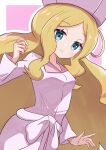  1girl absurdres blue_eyes caitlin_(pokemon) closed_mouth dress hat highres long_hair long_sleeves looking_at_viewer outline parted_bangs pink_dress pink_headwear pokemon pokemon_bw rono_(lethys) smile solo very_long_hair white_outline 