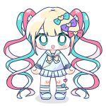  1girl :o absurdly_long_hair aqua_eyes arms_at_sides bad_bcy_id bad_id blue_footwear blue_shirt blue_skirt blush_stickers bow bowtie chouzetsusaikawa_tenshi-chan clenched_hands full_body hair_bow legs_apart long_hair long_sleeves looking_at_viewer miniskirt multicolored_hair multiple_hair_bows needy_girl_overdose no_nose open_mouth plaid plaid_skirt quad_tails sailor_collar sailor_shirt sanhu_(bcy_1381462182992632) school_uniform serafuku shirt shoes simple_background sitting skirt solo standing very_long_hair white_background yellow_bow yellow_bowtie 