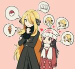  2girls black_coat black_eyes black_hair black_pants blonde_hair blush book closed_mouth coat cynthia_(pokemon) dawn_(pokemon) dress food hair_ornament hair_over_one_eye hairclip hat heart hyaku_ae_mon ice_cream implied_yuri long_hair long_sleeves looking_at_another multiple_girls open_book pants poke_ball pokemon pokemon_dppt pokemon_platinum red_dress scarf smile thinking thought_bubble very_long_hair white_headwear white_scarf 