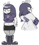  2018 amy_(terrible_the_drawfag) anthro boots breasts canine choker clothing digital_media_(artwork) dog female fishnet footwear fur grey_fur hair hand_on_hip long_hair looking_back mammal midriff model_sheet navel purple_hair rear_view simple_background skirt solo terrible_the_drawfag undressing white_background 