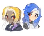  2boys blonde_hair blue_hair closed_mouth commentary commission dark-skinned_male dark_skin eyebrow_cut eyelashes fish_bone gradient_hair highres male_focus medium_hair multicolored_hair multiple_boys octoling octoling_boy octoling_player_character purple_hair red_eyes redbeanpie0 simple_background splatoon_(series) tentacle_hair thick_eyebrows two-tone_hair upper_body white_background 
