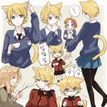  :3 ? angry animal_ears bangs black_footwear black_legwear black_neckwear black_skirt blonde_hair blue_eyes blue_skirt blue_sweater boots braid brown_jacket cat_day cat_ears cat_tail cat_teaser chin_rest closed_eyes closed_mouth commentary cropped_torso darjeeling dress_shirt emblem epaulettes eyebrows_visible_through_hair from_behind frown girls_und_panzer grey_background grin hair_intakes holding jacket kay_(girls_und_panzer) kemonomimi_mode loafers long_hair long_sleeves looking_at_another looking_at_viewer looking_back military military_uniform miniskirt multiple_girls multiple_views necktie open_mouth orange_hair orange_pekoe outside_border pantyhose parted_bangs pleated_skirt radio red_jacket school_uniform shirt shoes short_hair sketch skirt smile spoken_question_mark st._gloriana's_(emblem) st._gloriana's_military_uniform st._gloriana's_school_uniform standing sweater tail teapot tied_hair translated twin_braids uniform v-neck white_shirt yuuyu_(777) 