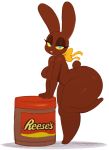  2018 absurd_res anthro big_butt blue_eyes breasts buckteeth butt chocolate_bunny digital_media_(artwork) featureless_breasts female food food_creature hi_res huge_butt lagomorph looking_at_viewer mammal navel on_one_leg rabbit reese&#039;s short_stack simple_background smile solo sssonic2 standing teeth thick_thighs white_background yellow_sclera 