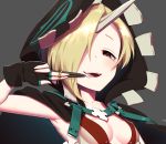  bags_under_eyes blonde_hair breasts cape claw_(weapon) cosplay fingerless_gloves gloves grey_background guilty_gear guilty_gear_xrd hair_over_one_eye highres hood horn idolmaster idolmaster_cinderella_girls jewelry kuroshiro_(ms-2420) licking licking_weapon raven_(guilty_gear) raven_(guilty_gear)_(cosplay) red_eyes ring shirasaka_koume short_hair small_breasts solo suspenders tongue upper_body weapon 