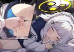  1boy 1girl blue_archive blue_hoodie blue_panties closed_eyes closed_mouth clothing_aside fingering grey_hair halo hare_(blue_archive) highres hood hoodie jacket jon_(pixiv31559095) long_hair lying on_side panties panties_aside pussy pussy_juice trembling underwear white_jacket 