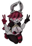 anthro big_breasts blush breasts clothed clothing female footwear gesture gloves glowing glowing_eyes hand_gesture handwear hi_res in_heat_(game) lagomorph leporid mammal pink_eyes poppi_(in_heat) rabbit shoes solo stormkinght v_sign