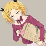  1girl blonde_hair blush chocolate collarbone envelope ghana_(chocolate) grey_eyes hair_ornament hairclip looking_down miyahara_takuya mole mole_under_eye shirobako shirt short_twintails solo twintails yano_erika 