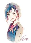  :d akagi_shun bad_id bad_twitter_id blue_hair commentary_request darling_in_the_franxx green_eyes hair_ornament hairclip ichigo_(darling_in_the_franxx) jacket long_sleeves looking_at_viewer military military_uniform open_mouth signature simple_background smile solo uniform upper_body white_background 