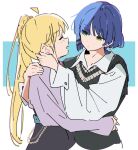  2girls ahoge asymmetrical_hair atenaba belt belt_chain black_skirt black_sweater_vest blonde_hair blue_background blue_hair blush bocchi_the_rock! chromatic_aberration closed_eyes closed_mouth collared_shirt earrings hair_ornament hairclip hand_on_another&#039;s_neck hand_on_another&#039;s_shoulder hand_on_another&#039;s_waist highres hug ijichi_nijika jewelry long_hair long_sleeves multiple_girls open_mouth purple_shirt shirt short_hair side_ponytail skirt sleeves_past_wrists stud_earrings sweater_vest two-tone_background white_background white_shirt yamada_ryo yellow_eyes yuri 