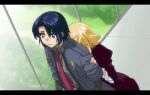  1boy 1girl artist_name athrun_zala blonde_hair blue_hair cagalli_yula_athha couple fumiko_(mesushi) green_eyes grey_shirt gundam gundam_seed gundam_seed_freedom hallway hug hug_from_behind jacket red_tie shirt short_hair surprised window 