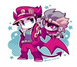  2boys blue_shirt chain chibi chibi_only coat demon_horns demon_tail demon_wings earrings full_body horns jewelry jojo_no_kimyou_na_bouken kotorai kujo_jotaro looking_at_viewer male_focus multiple_boys no_nose pale_skin pants pointy_ears red_coat red_eyes red_headwear red_pants shirt stand_(jojo) standing star_(symbol) star_platinum tail wings 