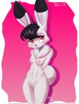 anthro black_hair breasts captain_bokko condom condom_in_mouth condom_wrapper female front_view fur genitals hair hands_behind_back hi_res lagomorph leporid long_ears looking_up mammal mouth_hold nipples nude object_in_mouth osamu_tezuka pussy rabbit red_eyes sexual_barrier_device short_hair slim small_breasts solo the_amazing_3 white_body white_fur yhorey_san