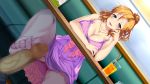  1girl blonde_hair blue_eyes blush breasts cleavage dress feet footjob glass juice large_breasts long_hair looking_at_viewer necklace no_shoes pantyshot parted_lips pov purple_legwear ring sheer_legwear sitting smile table toes under_table 