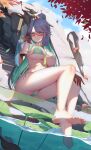  1girl aoi_(buzhuen444) aqua_eyes barefoot bikini black_hair breasts colored_inner_hair covered_nipples feet genshin_impact glasses green_bikini hair_ornament highres large_breasts legs long_hair looking_at_viewer multicolored_hair nail_polish red-framed_eyewear solo swimsuit toenail_polish toenails two-tone_hair very_long_hair xianyun_(genshin_impact) 