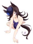  1girl animal_ears arm_support black_hair blue_one-piece_swimsuit breasts flower hair_over_one_eye hat hat_flower highres horse_ears horse_girl horse_tail long_hair looking_at_viewer miyahara_takuya one-piece_swimsuit parted_lips pink_eyes rice_shower_(umamusume) sitting small_breasts solo swimsuit tail tilted_headwear umamusume yokozuwari 