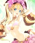  1girl arm_up bangle bare_shoulders bell bikini blonde_hair blue_eyes bracelet breasts frilled_skirt frills gold_armlet gold_choker highres holding holding_weapon jewelry jingle_bell kakuwashi long_hair looking_at_viewer medium_breasts navel open_mouth pink_headwear pink_skirt refrain_no_chika_meikyuu_to_majo_no_ryodan sideboob simple_background sketch skirt solo string_bikini swimsuit theatrical_star upper_body very_long_hair weapon white_bikini 