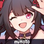  1girl :d bare_shoulders bell black_choker bow brown_hair choker close-up hair_bow head_tilt honkai:_star_rail honkai_(series) logo_parody looking_at_viewer mihoyo neck_bell one_eye_closed open_mouth pink_eyes portrait qingfeng_pao_ningmeng red_bow smile solo sparkle_(honkai:_star_rail) twintails 