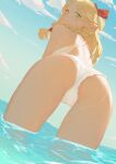  1girl absurdres ass back bent_over bikini blonde_hair blue_sky blush braid cameltoe closed_mouth cloud cloudy_sky day dungeon_meshi elf from_behind gravity-q green_eyes hair_around_ear hair_ribbon highres horizon leaning_forward long_hair looking_at_viewer looking_back marcille_donato ocean outdoors pointy_ears ribbon sky solo standing swimsuit wading water wet white_bikini 