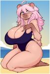 absurd_res anthro beach bear big_breasts blush breasts brown_body brown_ears brown_fur brown_nose claws clothing female female_anthro fingers fluffy fluffy_hair fluffy_tail fur hair hi_res huge_breasts long_hair mae_(yasu) mammal one-piece_swimsuit open_mouth open_smile pink_hair purple_eyes small_tail small_waist smile solo swimwear tail thick_thighs tuft wide_hips zeekzag