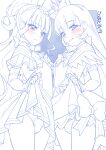  2girls blue_theme blunt_bangs bow bowtie brooch capelet clothes_lift commentary crotch_seam crown cure_lillian cure_nyammy dress dress_bow dress_lift elbow_gloves frown gloves hair_bow hairband half-closed_eyes half_gloves hat heart heart_brooch highres jewelry lifted_by_self long_hair magical_girl mini_crown mini_hat mini_top_hat miyagoe_yoshitsuki monochrome multiple_girls nekoyashiki_mayu nekoyashiki_yuki panties parted_lips precure short_dress side_ponytail sleeveless sleeveless_dress smile spot_color standing top_hat translated underwear wonderful_precure! 