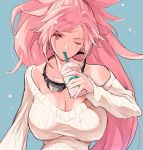  amputee baiken bare_shoulders blue_background breasts casual cleavage collarbone cup disposable_cup drinking_straw facial_tattoo frappuccino goggles goggles_around_neck guilty_gear guilty_gear_xrd highres huge_breasts impossible_clothes impossible_sweater jako_(toyprn) long_hair one-eyed petals pink_eyes pink_hair ribbed_sweater scar scar_across_eye sweater tattoo 