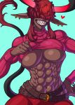  1girl abs belt breasts brown_hair claws cleavage demon demon_girl earrings female horns hutago large_breasts looking_at_viewer muscle muscular_female navel pointy_ears solo sweater tail teeth underboob 