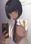  1girl absurdres between_breasts black_hair black_necktie blue_eyes blunt_bangs blush breasts cellphone choker commission cross_hair_ornament dark-skinned_female dark_skin hair_ornament highres holding holding_phone jacket kaekae_kaeru long_sleeves looking_at_viewer medium_breasts necktie necktie_between_breasts nipples open_clothes open_jacket original phone plaid_necktie selfie shirt short_hair skeb_commission smartphone solo taking_picture upper_body white_shirt yellow_choker yellow_jacket 