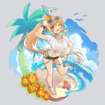  1girl ;d adjusting_eyewear ball beach belt bikini blonde_hair blue_bikini breasts brown_belt cleavage crab dragalia_lost elisanne eyewear_on_head flower full_body highres holding holding_ball long_hair looking_at_another midriff navel ocean official_alternate_costume one_eye_closed open_mouth palm_tree red_eyes sand shirt short_sleeves side_ponytail smile sunglasses swimsuit thigh_strap tied_shirt tree very_long_hair volleyball_(object) water white_shirt xiafei97 