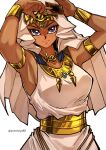  1girl aosora2823 armlet armpits artist_name bracelet card dark-skinned_female dark_skin egyptian gold highres holding holding_card ishizu_ishtar jewelry millennium_necklace simple_background solo upper_body white_background yu-gi-oh! yu-gi-oh!_duel_monsters 