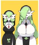 big_breasts black_clothing black_dress breast_size_difference breasts cheek_bulge cleavage clothed clothing dress duo eyelashes female fingerless_gloves gardevoir generation_3_pokemon gloves green_hair habit hair handwear hi_res huge_breasts humanoid interlocked_fingers long_hair looking_aside mole_on_breast nintendo not_furry nun open_mouth own_hands_together pokemon pokemon_(species) pouting red_eyes simple_background skindentation standing thick_thighs white_body white_clothing white_dress white_skin wide_hips wozzu1 yellow_background