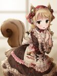 1girl animal animal_ear_fluff animal_ears animal_in_clothes blurry blurry_background blush bow braid brown_eyes brown_ribbon chocolate_print cowboy_shot dress embarrassed food_print frilled_dress frilled_skirt frilled_sleeves frills highres idolmaster idolmaster_cinderella_girls interlocked_fingers looking_at_viewer michii_yuuki morikubo_nono open_mouth own_hands_together red_bow red_ribbon ribbon skirt solo squirrel squirrel_ears squirrel_girl squirrel_tail strawberry_print tail twin_braids 