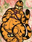 anthro body_writing chastity_cage chastity_device chest_harness domestic_cat felid feline felis floral_print garfield_(series) garfield_the_cat harness hi_res licking licking_lips licking_own_lips lock lying male mammal markings multi_nipple nipples on_back padlock solo striped_markings stripes tongue tongue_out yonnixart