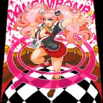  1girl artist_name bear_hair_ornament black_choker black_shirt blonde_hair blue_eyes boots bow bra breasts checkered_floor choker cleavage collarbone copyright_name cross-laced_footwear danganronpa:_trigger_happy_havoc danganronpa_(series) enoshima_junko from_above full_body hair_ornament highres kefu_(ngrk5333) lace-up_boots large_breasts leg_up long_hair looking_at_viewer nail_polish necktie outstretched_arm pink_hair pixel_art pleated_skirt red_bow red_bra red_nails red_skirt shirt sidelocks skirt smile solo standing standing_on_one_leg swept_bangs twintails underwear very_long_hair 