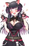  1girl ^_^ animal_ears black_gloves black_hair blush breasts cat_ears cleavage closed_eyes covered_navel fingerless_gloves fingernails fur-trimmed_gloves fur_trim gawawawa gloves gradient_hair highres idolmaster idolmaster_shiny_colors large_breasts long_hair mayuzumi_fuyuko multicolored_hair musical_note nail_polish navel purple_hair simple_background smile solo very_long_hair white_background 