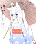  &gt;:) 1girl 2024 ahoge animal_ear_fluff animal_ears blue_kimono blush closed_mouth commentary_request floral_print flower fox_ears fox_girl fox_tail hair_flower hair_ornament highres holding holding_umbrella japanese_clothes kimono kuronagi_(mitora_uwu) long_hair long_sleeves looking_at_viewer obi oil-paper_umbrella original pink_umbrella ponytail print_kimono print_umbrella sash simple_background smile solo tail translation_request umbrella v-shaped_eyebrows very_long_hair white_background white_flower white_hair wide_sleeves 